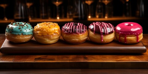 A row of four colorful glazed donuts arranged on a wooden board, their vibrant hues creating a visually appealing contrast against the rich wooden backdrop.