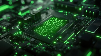 Fototapeta premium A Close-Up of a Green Illuminated Circuit Board with Binary Code
