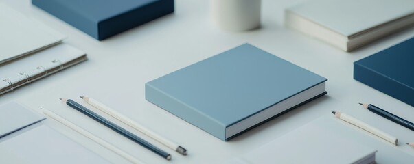 Stationery collection on a white background featuring notebooks and pens.
