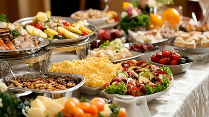 A vibrant mix of assorted foods beautifully displayed on a table, featuring a variety of dishes and flavors.