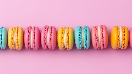 Colorful macarons arranged on a pink background, perfect for desserts or sweets.