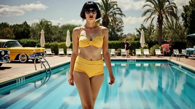 Vintage-inspired woman in a polka dot bikini, standing by a pool with classic cars in the background, exuding retro glamour and style. Capturing the essence of summer and nostalgia