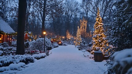 A picturesque landscape of a snowy forest blanketed in white, featuring beautifully decorated Christmas trees and sparkling lights, evoking the magic of the holiday season in a tranquil winter 