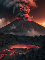 A sky darkened by volcanic ash, with red and yellow hues from the eruption glowing through the clouds, creating an intense and otherworldly atmosphere
