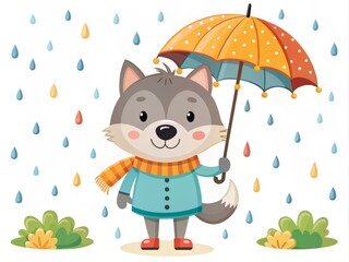 This adorable wolf, wrapped in a warm scarf, joyfully holds an umbrella as it dances through a vibrant autumn scene, surrounded by gently falling leaves.