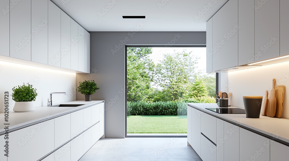 Wall mural Modern kitchen with minimalist design and large window overlooking greenery.