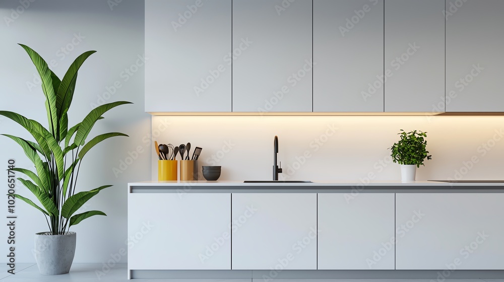 Wall mural Modern kitchen interior with plants and minimalist design elements.