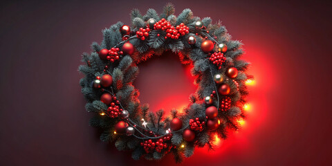 Red and black holiday wreath with glowing lights, 3D illustration