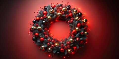 Red and black holiday wreath with glowing lights, 3D illustration