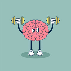Cartoon Brain Mascot Lifting Dumbbells. Intellectual Training Concept