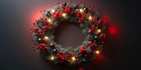 Red and black holiday wreath with glowing lights, 3D illustration