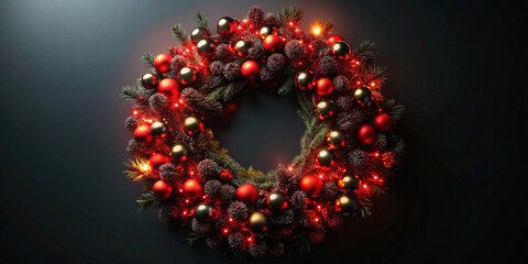 Red and black holiday wreath with glowing lights, 3D illustration