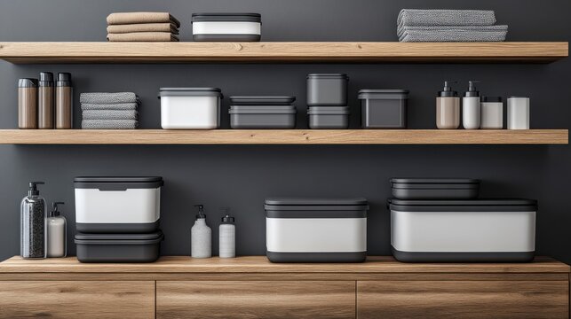 Modern storage containers and bathroom accessories on wooden shelves in minimalist home interior