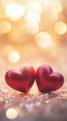 Fototapeta premium Two red hearts softly resting on a sparkling glitter texture, surrounded by floating golden heart bokeh, romantic glow with pink and red hues
