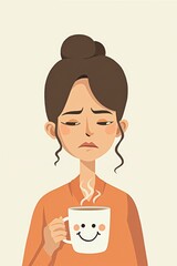 Cartoon Woman with Serious Expression Holding Smiley Face Mug, Contrasting Emotions, Morning Coffee Illustration, Quirky Character Art