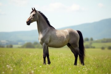 Obraz premium Majestic Horse Standing in Green Field, Beautiful Stallion in Nature, Elegant Equine with Scenic Mountain Background
