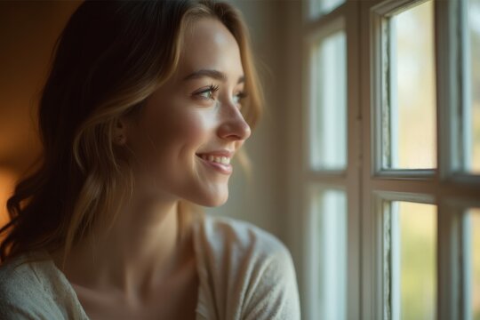 Woman Smiling While Looking Out the Window, Peaceful and Serene Indoor Moment, Soft Natural Light, Reflective and Happy Expression
