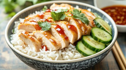 A delicious dish of steamed rice topped with tender chicken slices, served with cucumber and cilantro and a side of spicy sauce.