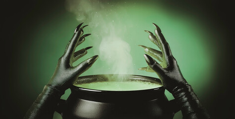 Witch’s hands with sharp claws in black gloves hovering over a steaming cauldron filled with a purple potion, mystical and eerie atmosphere, Halloween background or fantasy-themed imagery