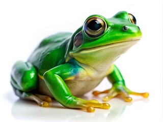 Obraz premium This delightful tilt-shift image features a frog elegantly posed on a white backdrop, inviting nature enthusiasts to appreciate the intricate details of this unique creature.