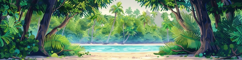 Obraz premium This captivating tropical forest transitions into a sandy beach, with gentle ocean waves lapping at the shore amidst lush greenery. Generative AI