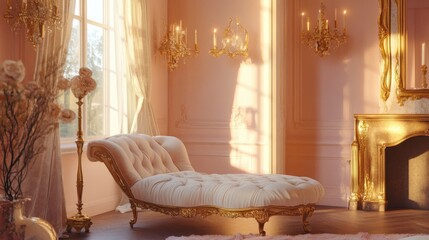 A dreamy princess living room featuring a velvet chaise lounge, golden candelabras, and soft pink walls.