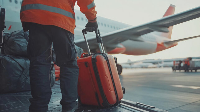 Ground staff efficiently loading luggage onto an aircraft on a sunny day at the airport