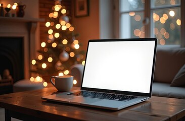Laptop mockup on a festive background with christmas tree and fireplace. Laptop with blank display screen with mockup copy space. Christmas shopping online concept.
