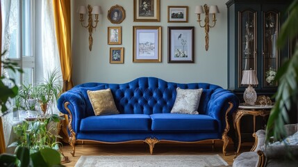 A fairytale-inspired living room with a plush royal blue couch, vintage decor, and elegant gold accents throughout.