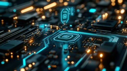 Close-up of a Circuit Board with Glowing Blue Lines and Orange Lights