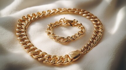 Fototapeta premium A gold chain necklace paired with a matching bracelet, arranged on a white velvet surface.