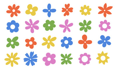 Groovy set of simple drawn flowers. Hippie stickers. Modern abstract template. Vintage decorative design element.