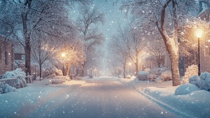 Serene snowy street lined with trees and lampposts glowing at dusk in winter