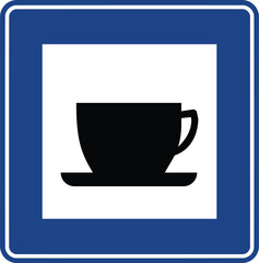 Tea room or cafeteria, Road signs in Turkey. Standard traffic signs on Turkish highways. (Turkish: Karayollari standart trafik isaret levhalari, Bilgi isaretleri)