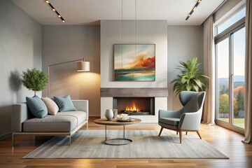 This long exposure photograph showcases a modern minimalist living room with elegant artwork and a cozy fireplace, embodying chic simplicity and a serene atmosphere.