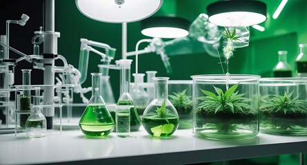 Laboratorium medyczne w tle zielone wnętrze, liście konopi, butelki z zielonym płynem