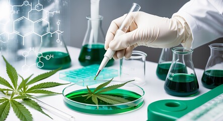 Laboratorium medyczne, zielone kolory, płyn w szklanej butelce, roślina konopi w próbce