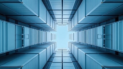 Symmetrical view of blue shipping containers stacked vertically outdoors