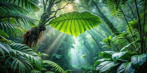 Forced perspective rainforest with oversized leaves creating canopy