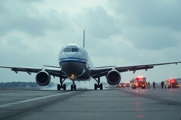 Airplane making emergency landing on runway with fire trucks and rescue teams