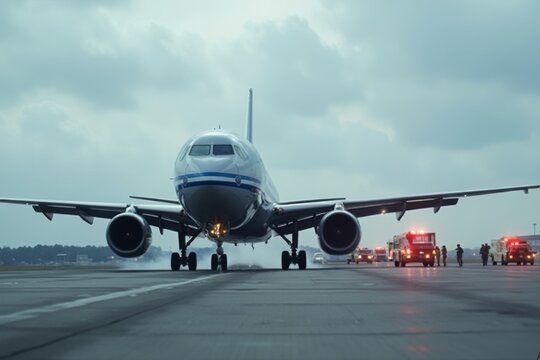 Airplane making emergency landing on runway with fire trucks and rescue teams