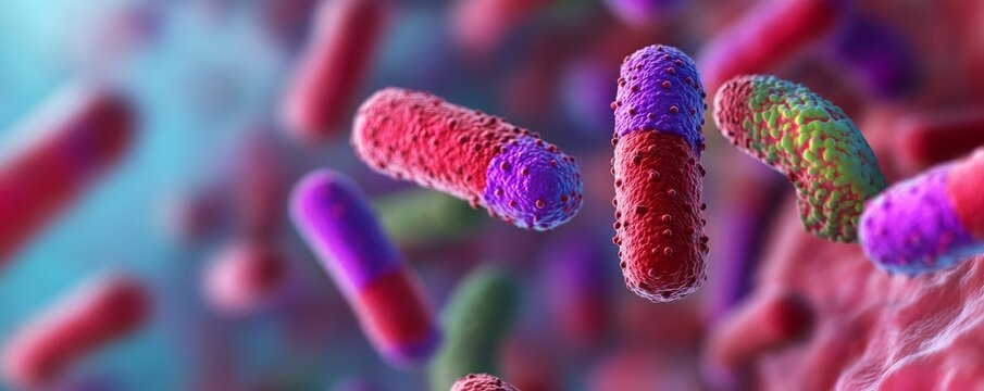 Antibiotic-resistant bacteria thriving in human tissue, 3D illustration