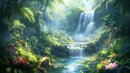 Fototapeta premium Lush Tropical Jungle with Cascading Waterfall and Flowing Creek
