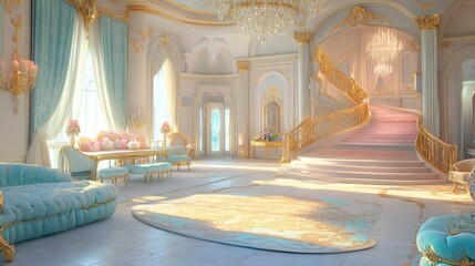 Obraz premium A luxurious princess-themed living room with soft pastel colors, elegant chandeliers, and royal furnishings fit for a fairy tale.