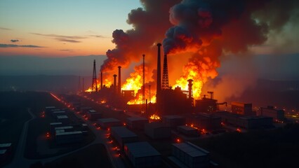 A large industrial facility engulfed in flames and smoke under a dramatic sunset sky, highlighting the intensity and danger of the fire. Conceptualizes industry, crisis, and environmental impact.