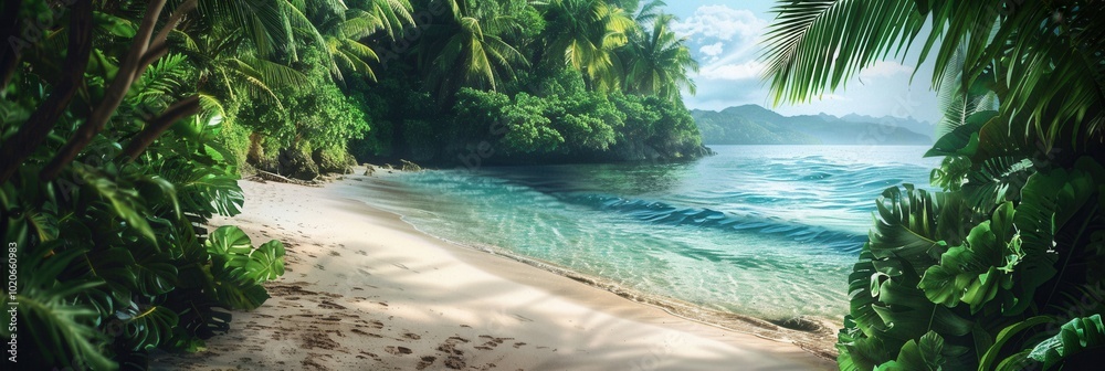 Aufkleber The tropical forest transitions smoothly into a sandy beach, where warm waves gently lap at the shore beneath a vibrant sky. Generative AI