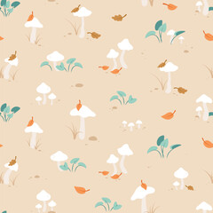 Seamless vector pattern with mushrooms and plants pastel colors