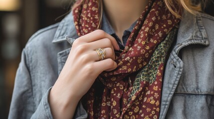 A model showcasing a stylish thumb ring adorned with tiny gemstones, paired with casual attire.