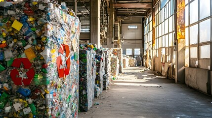 Naklejka premium Inside a recycling plant where various recyclable materials are being sorted and processed, showcasing industrial efforts for sustainability and waste reduction 