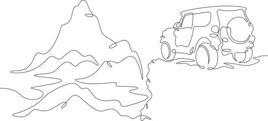 Continuous one line drawing SUV on a rock. Mountain landscape. 4x4 car off-road.One continuous line isolated minimal illustration. © derplan13